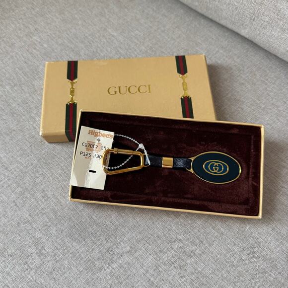 GUCCI GG Blue Leather Gold Metal Keychain NEW Logo Clip Charm with Box & Tag - Picture 1 of 6